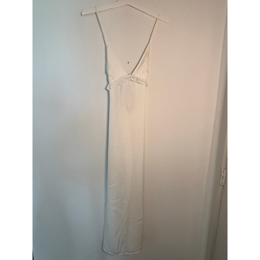 Forever 21 White Pleated V-Neck Maxi Dress Cross Back Ruffle Trim Medium